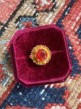 14K Yellow Gold Sunburst Ring with Fire Opal and Citrine Baguettes Size 7